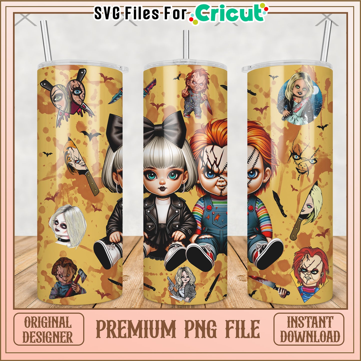 Halloween chucky and girlfriend tumbler png, halloween cartoon png, halloween tumbler png
