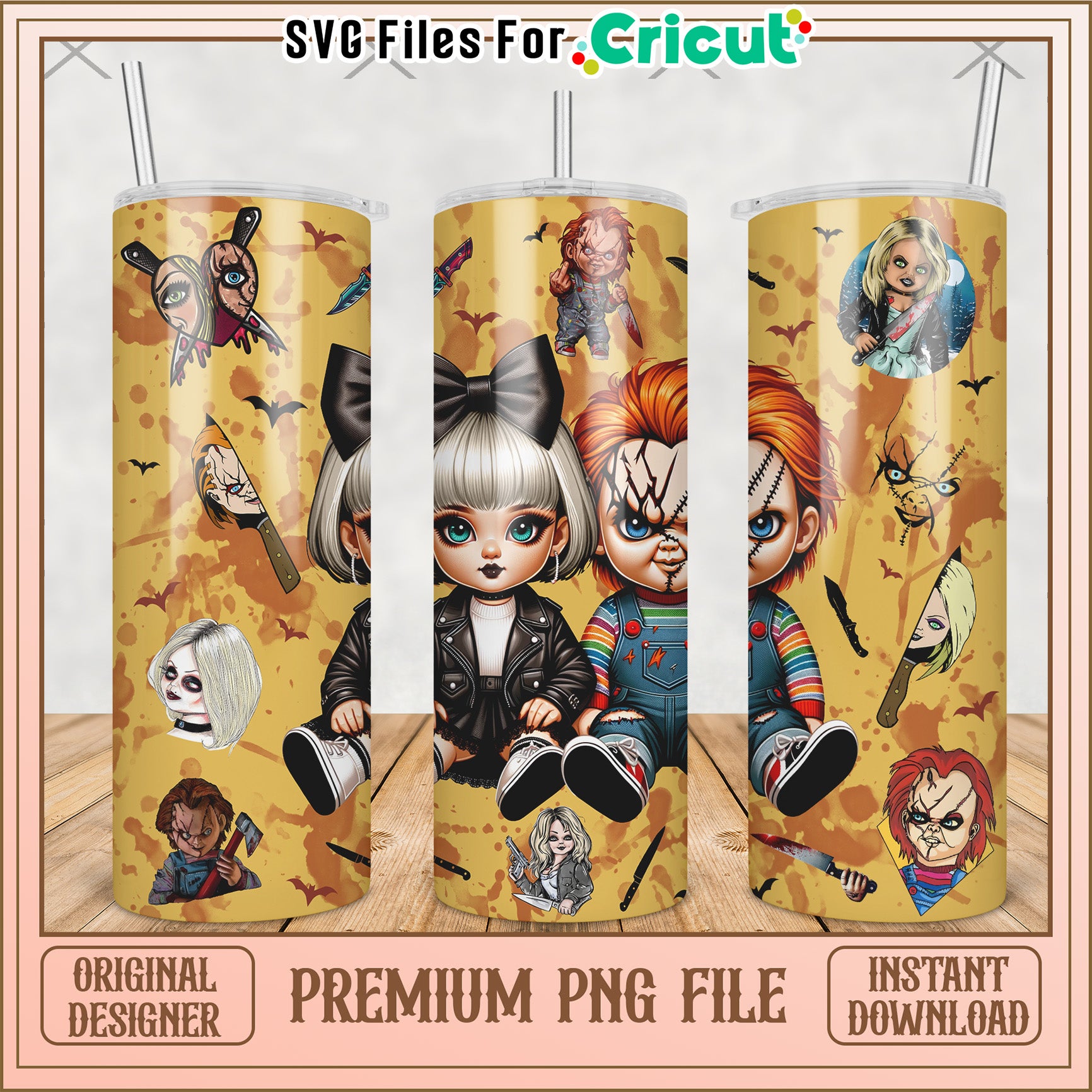 Halloween chucky and girlfriend tumbler png, halloween cartoon png, halloween tumbler png