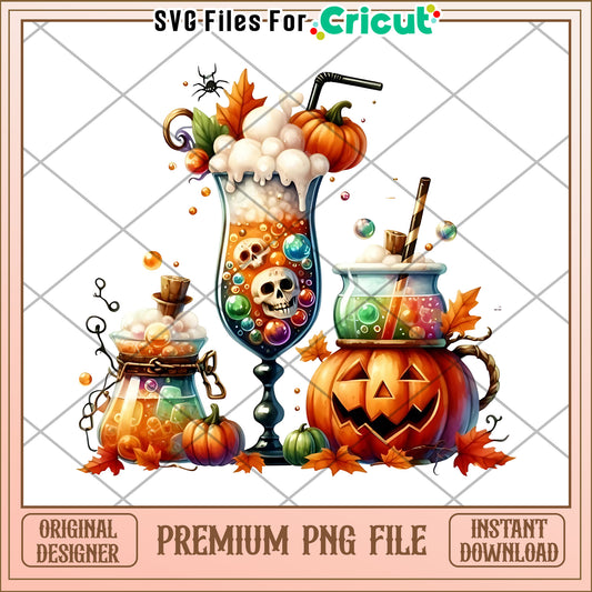 Halloween drinks png, autumn png, fall cute characters png
