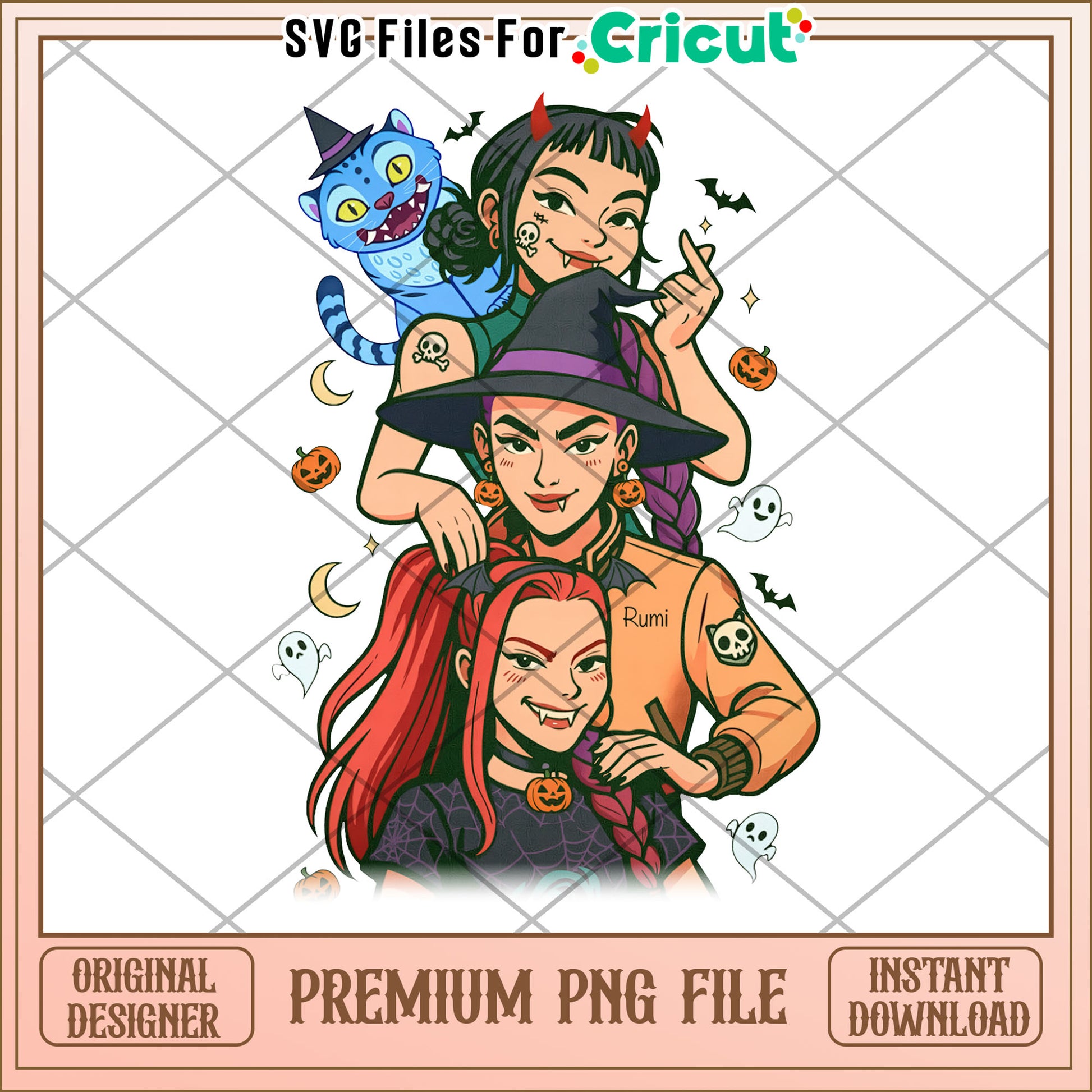 Halloween huntrix design png, kpop cartoon png, halloween season png