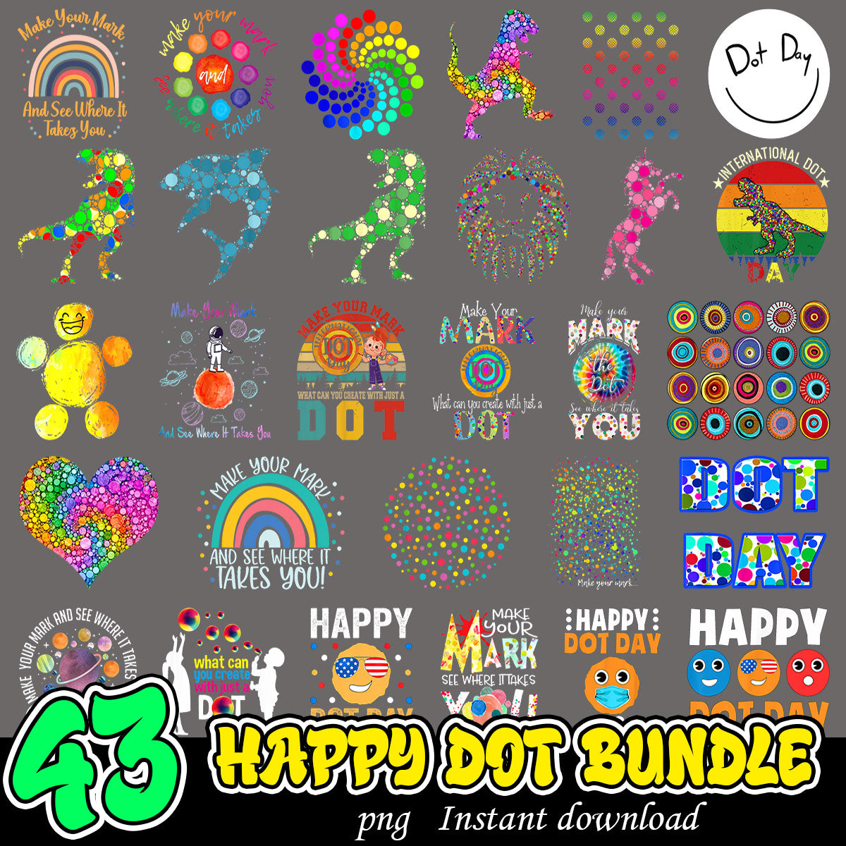 Happy Dot Bundle Png, Happy dot day art png bundle