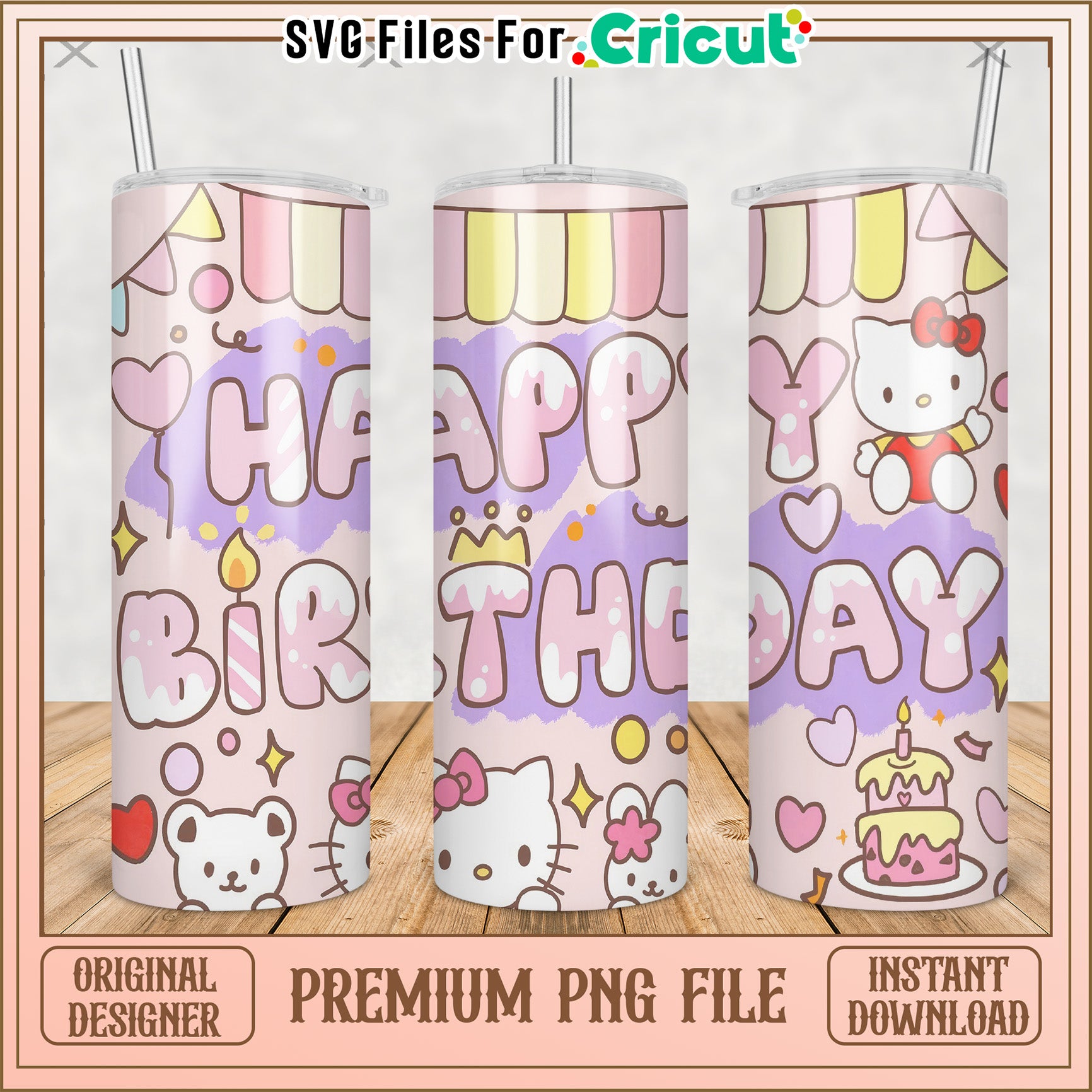 Happy birthday hello kitty tumbler png, cute characters png, kuromi hello kitty​ png