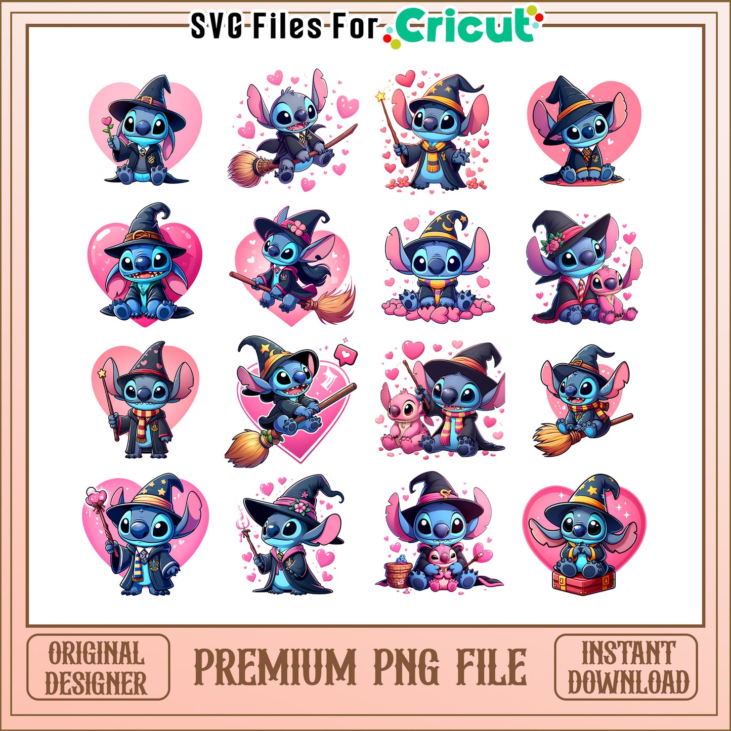 Disney stitch heart valentine pink bundle png, stitch witch png