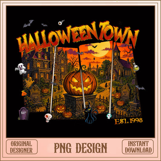 Haunted Halloween Town PNG, Spooky Pumpkin Halloween PNG, Retro 1998 PNG