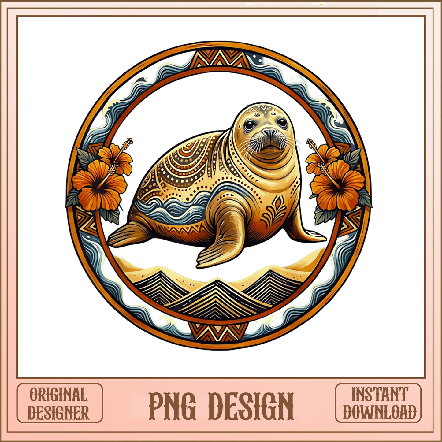 Hawaiian Monk Seal Tribal PNG, Hibiscus Floral PNG, Boho PNG