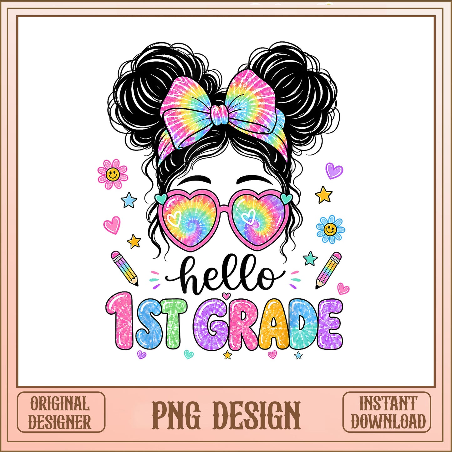 Hello 1st Grade Messy Bun PNG, Back To School PNG, Girl PNG