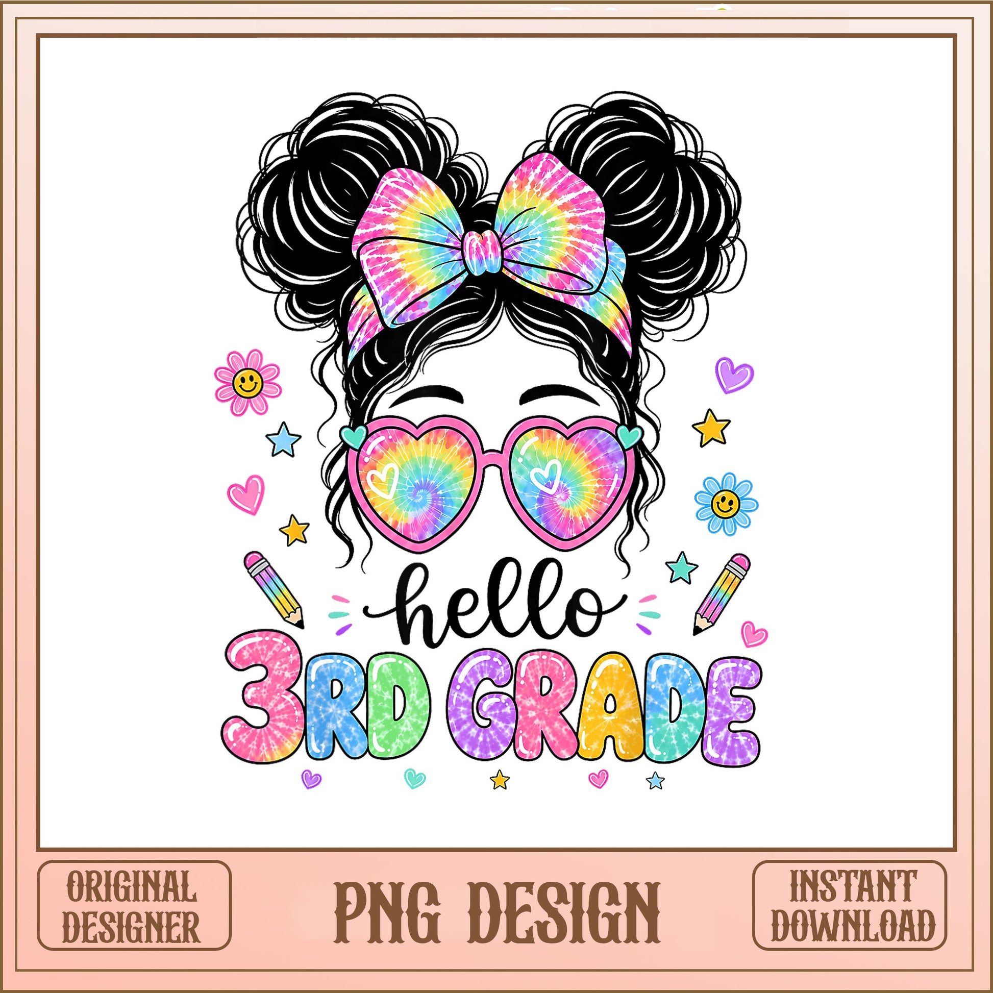 Hello 3rd Grade Messy Bun PNG, Back To School PNG, Tie Dye PNG
