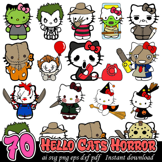 Hello Cats Horror Halloween Bundle svg, Halloween Hello Kitty bundle