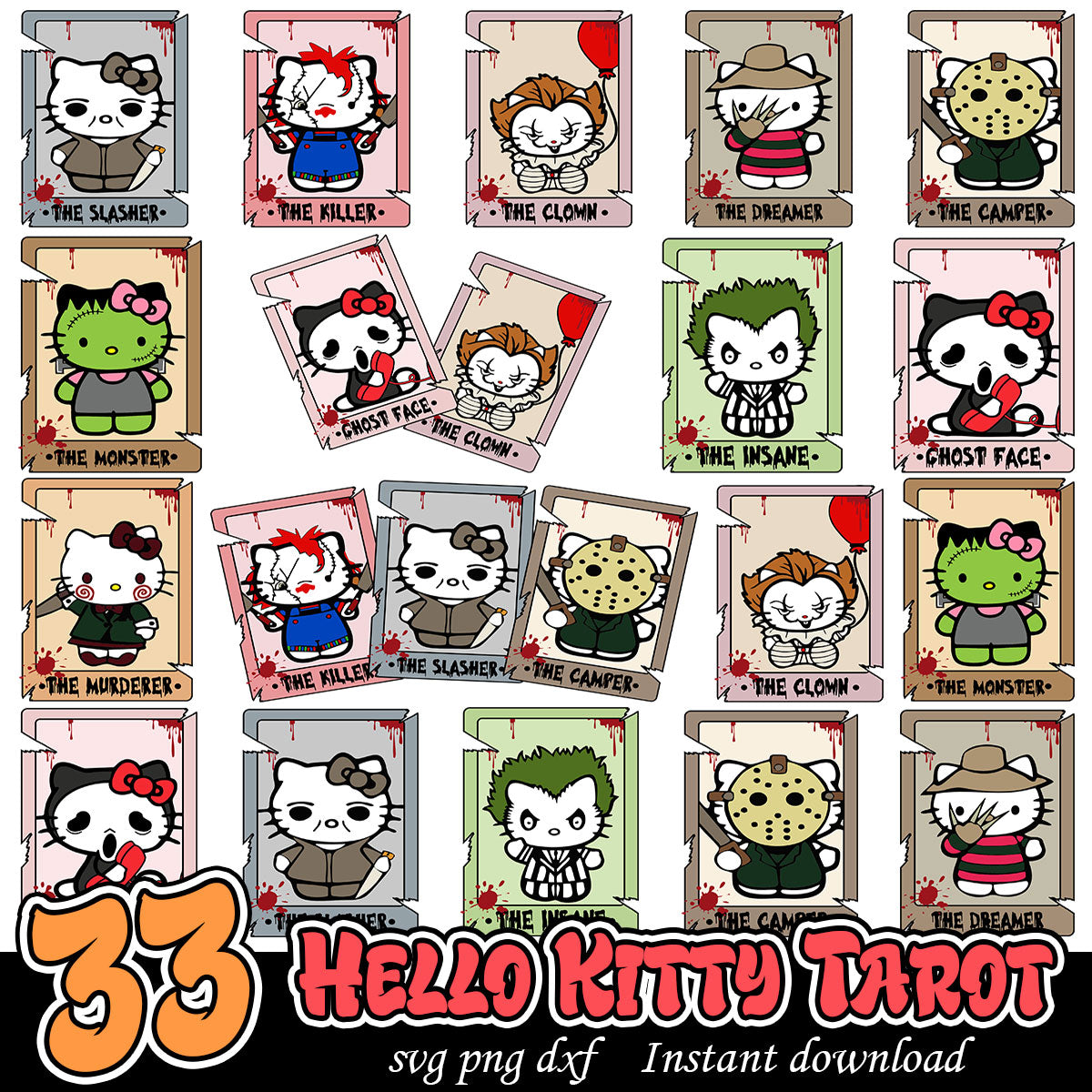 Hello Cats Tarot Halloween Cards Bundle, Hello Kitty card svg bundle