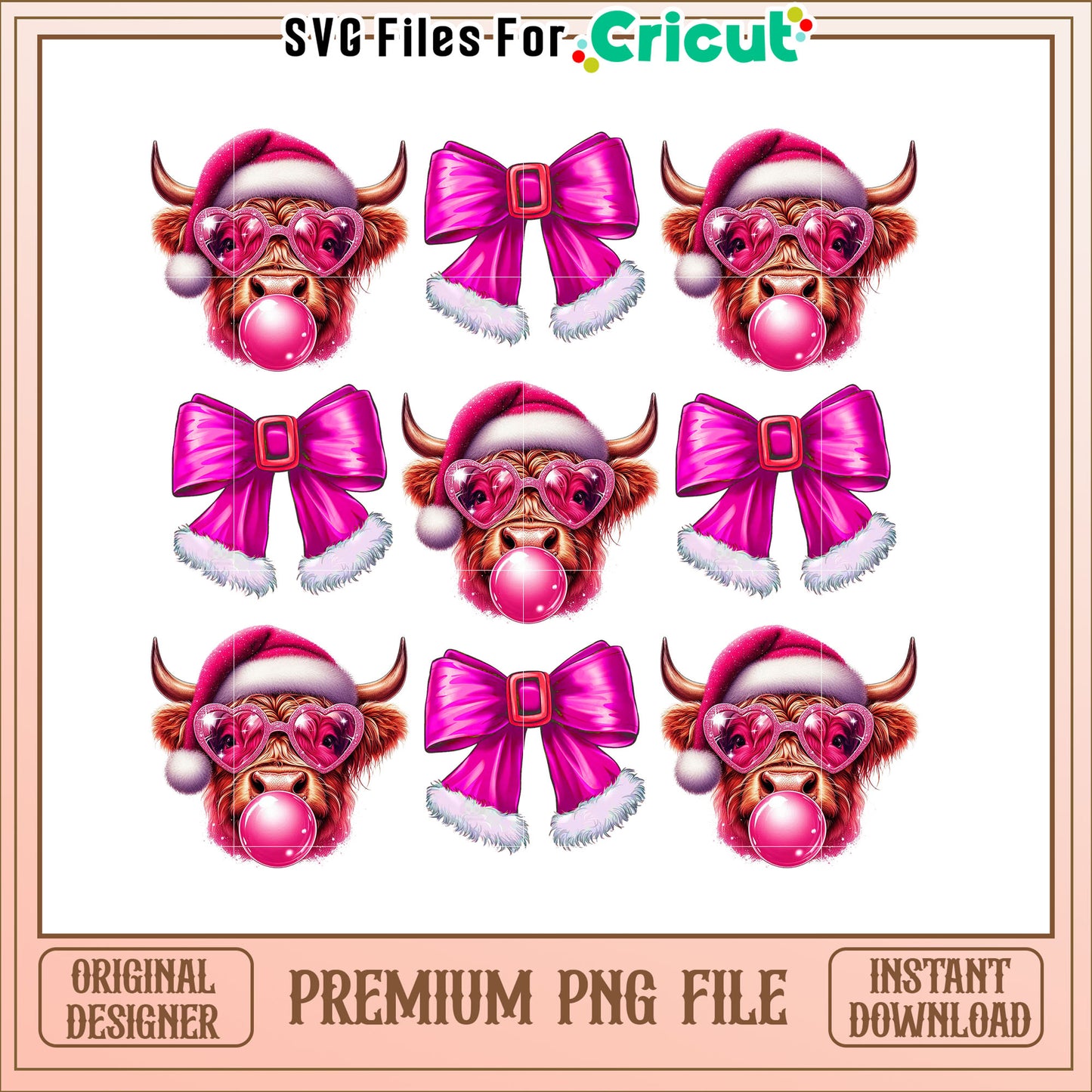 Highland Cow Christmas PNG Pink Bow & Bubblegum