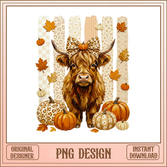 Highland Cow Fall PNG, Autumn Pumpkin Leopard Bow PNG, Thanksgiving PNG