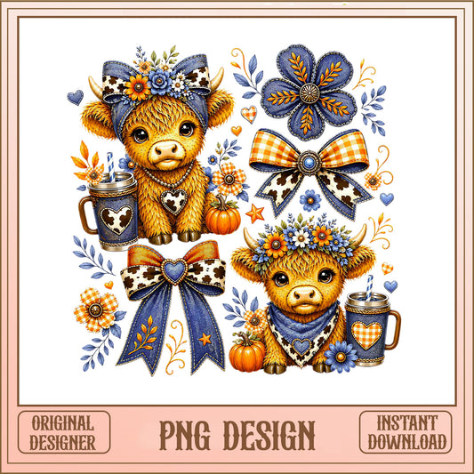 Highland Cow Fall PNG, Cute Cow Denim Bow Pumpkin, Western PNG