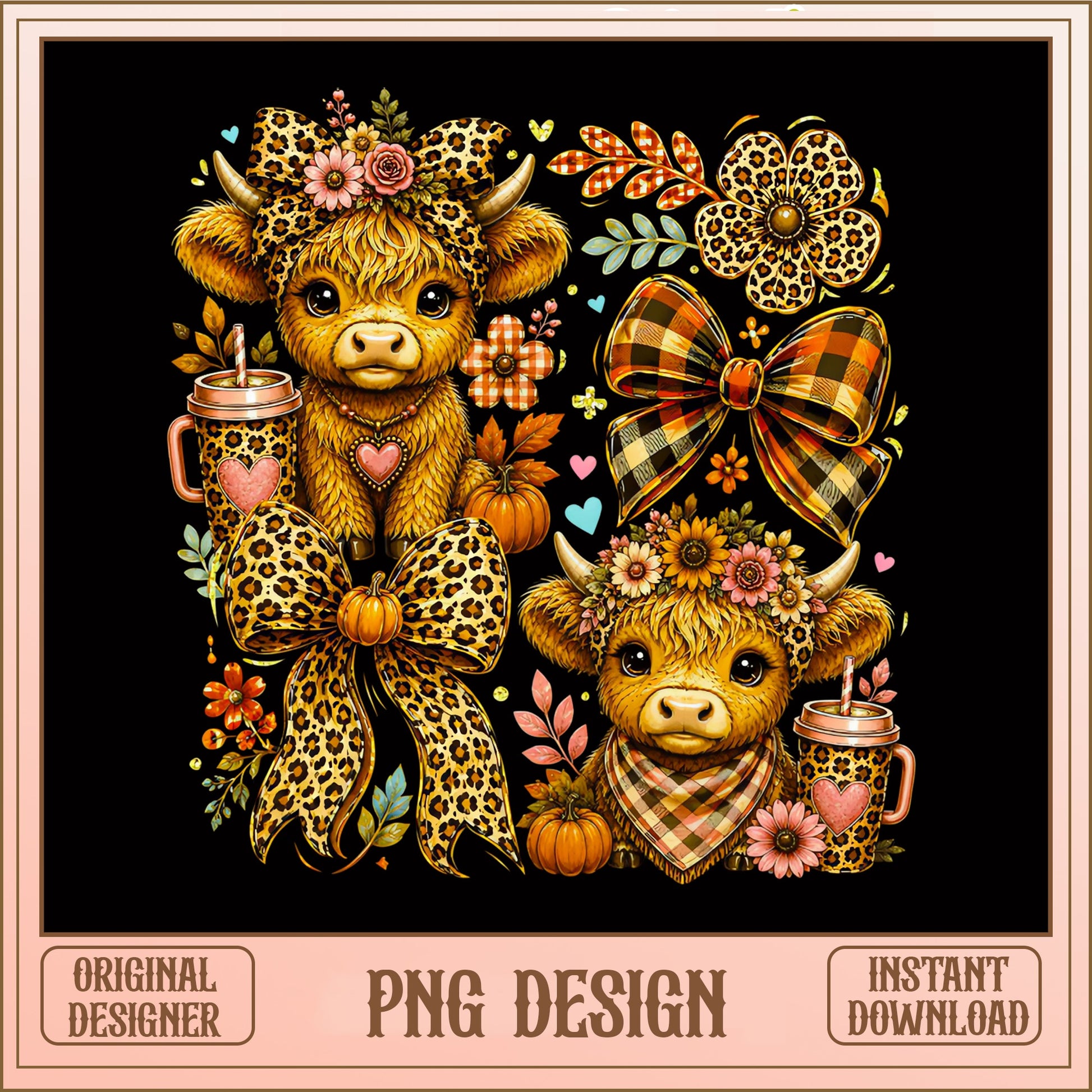 Highland Cow Fall PNG, Leopard Print Pumpkin Cow, Autumn PNG