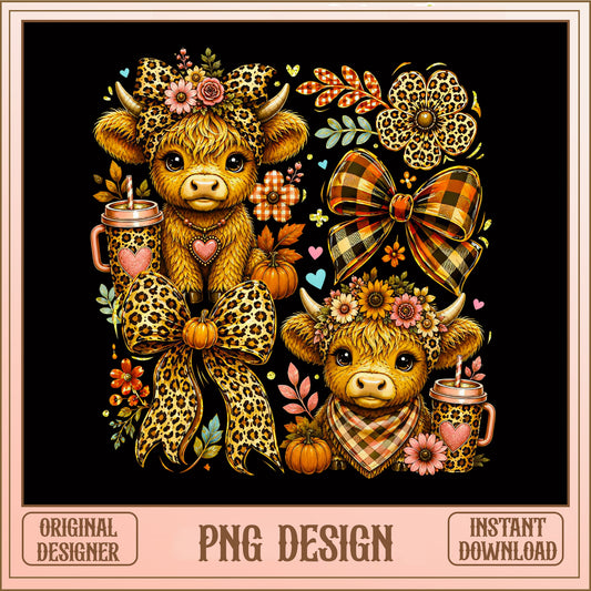 Highland Cow Fall PNG, Leopard Print Pumpkin Cow, Autumn PNG