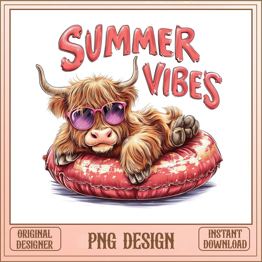 Highland Cow Summer Vibes PNG, Cute Cow Sunglasses PNG, Funny Cow PNG