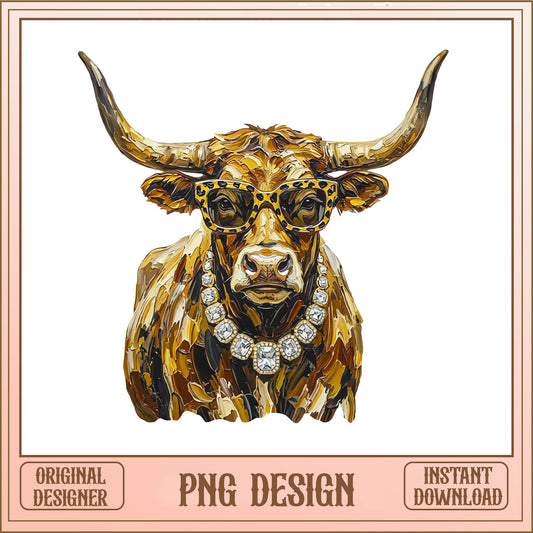 Highland Cow With Glasses And Diamond Necklace PNG, Boho Cow PNG, Western PNG