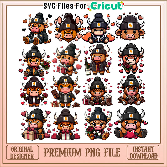 Highland cow love valentine bundle png, highland cow valentines​ png