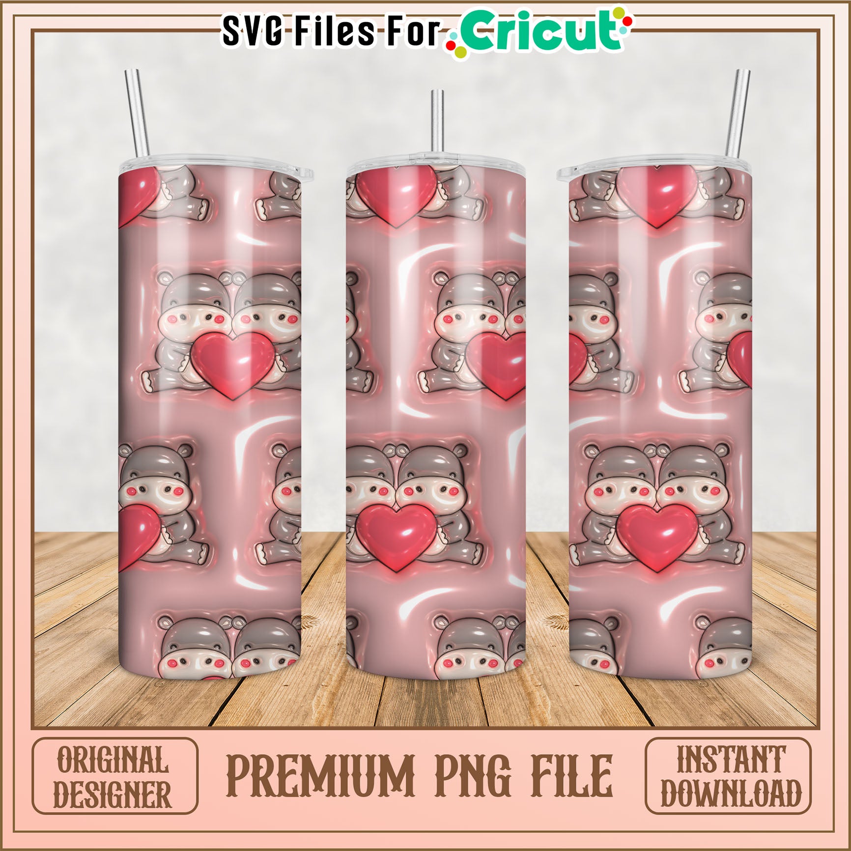 Hippopotamus Tumbler PNG Valentine's Day Design