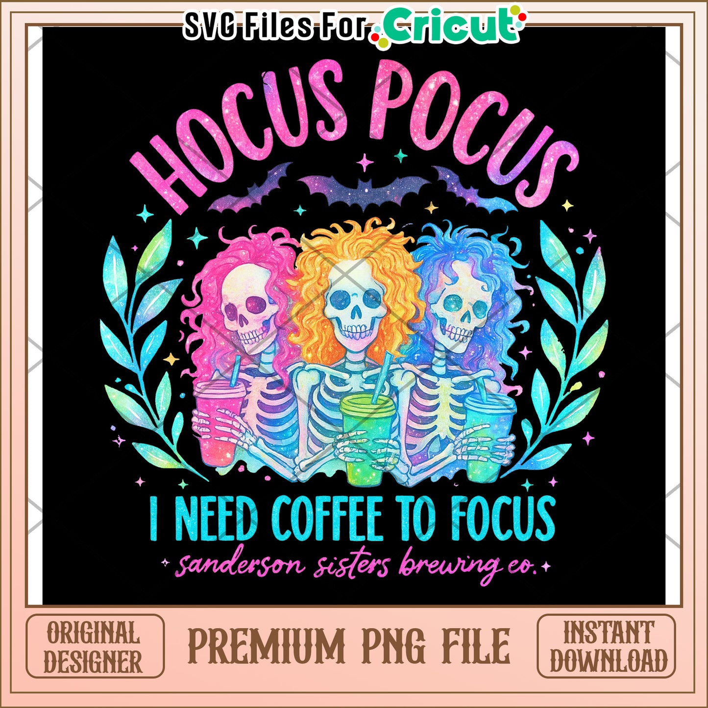 Hocus pocus i need coffee to focus neon png, halloween time png, halloween decor png