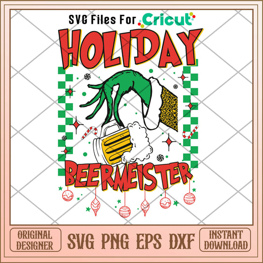 Holiday Beer Meister Grinch Hand SVG, beer glasses mugs​ svg