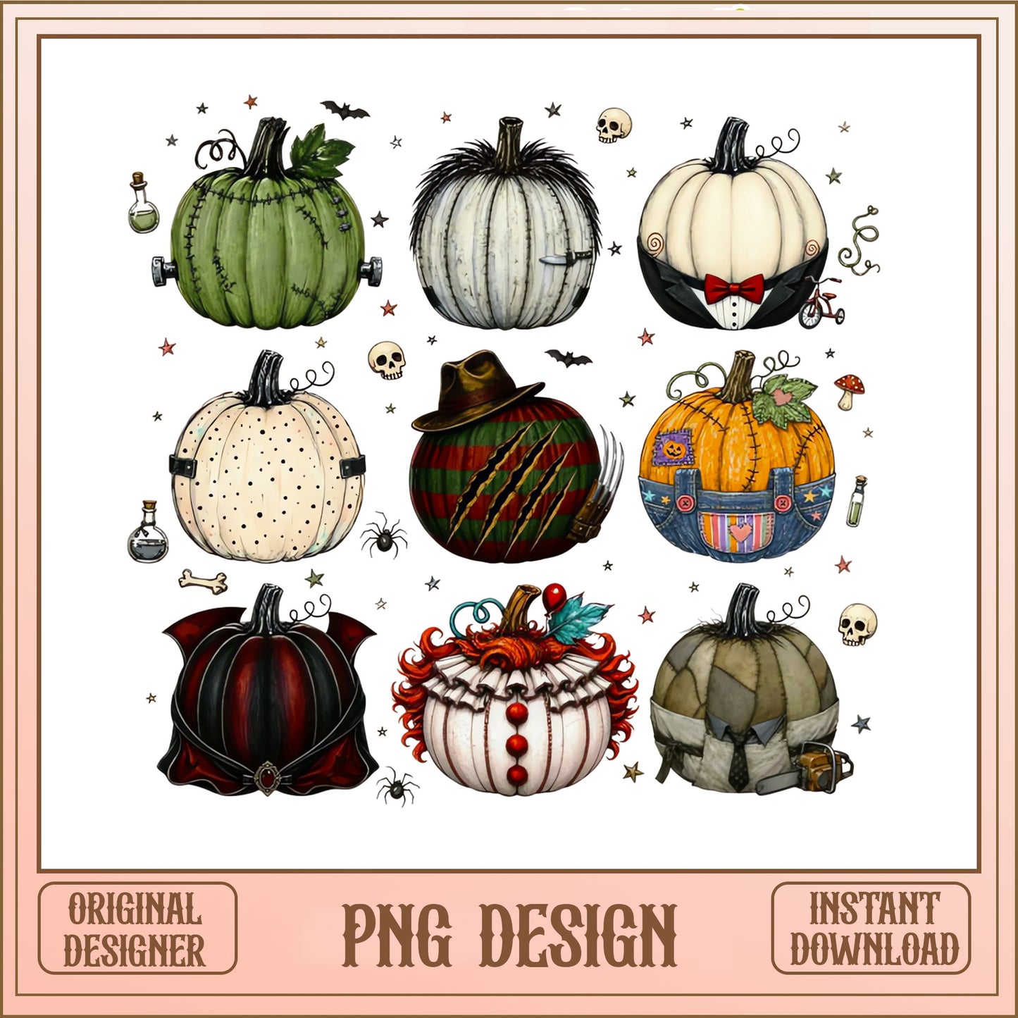 Horror Characters Pumpkin PNG Bundle, Halloween Clipart, Spooky PNG