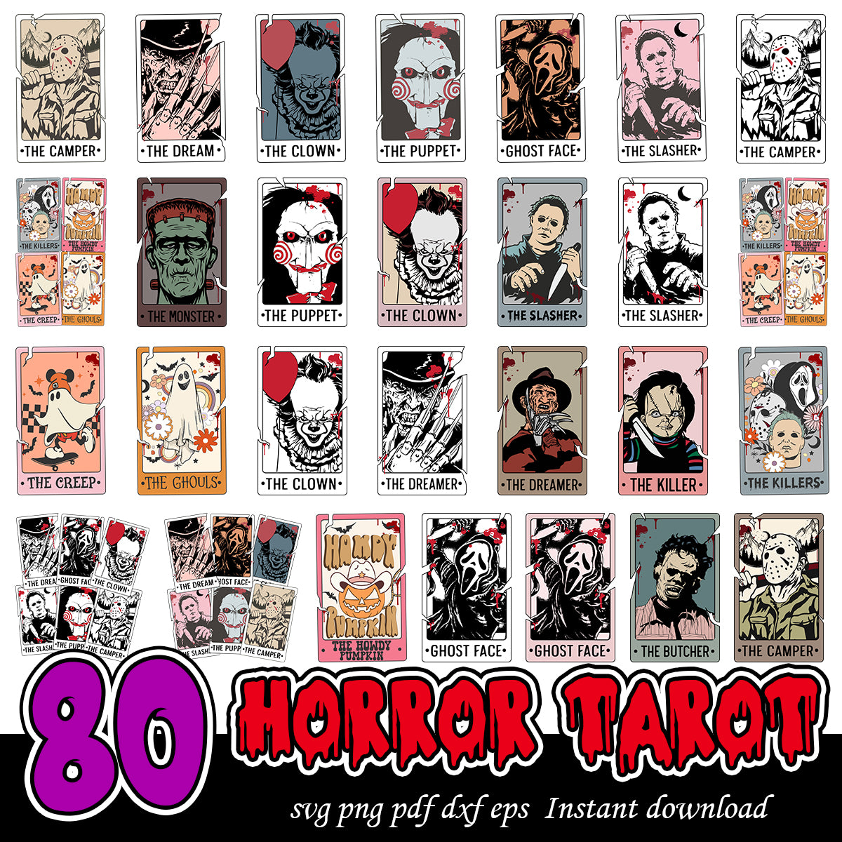 Horror Characters Tarot Card Bundle svg, Horror killers cards bundle