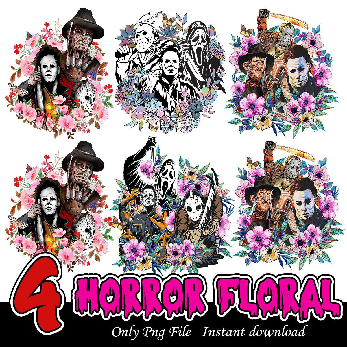 Horror Floral Characters Bundle, Horror killers png bundle