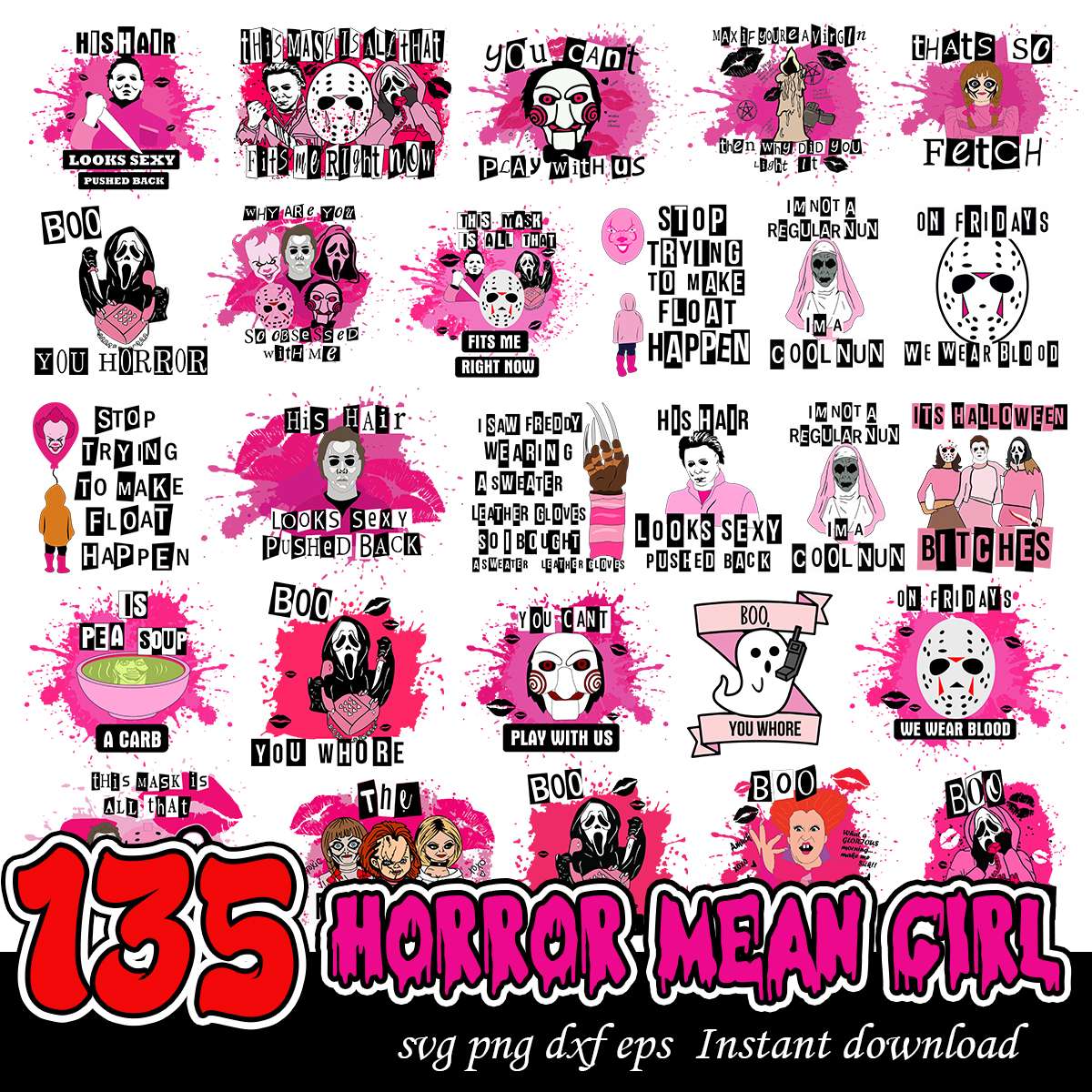 Horror killer mean girl bundle, Horror killers pink svg bundle