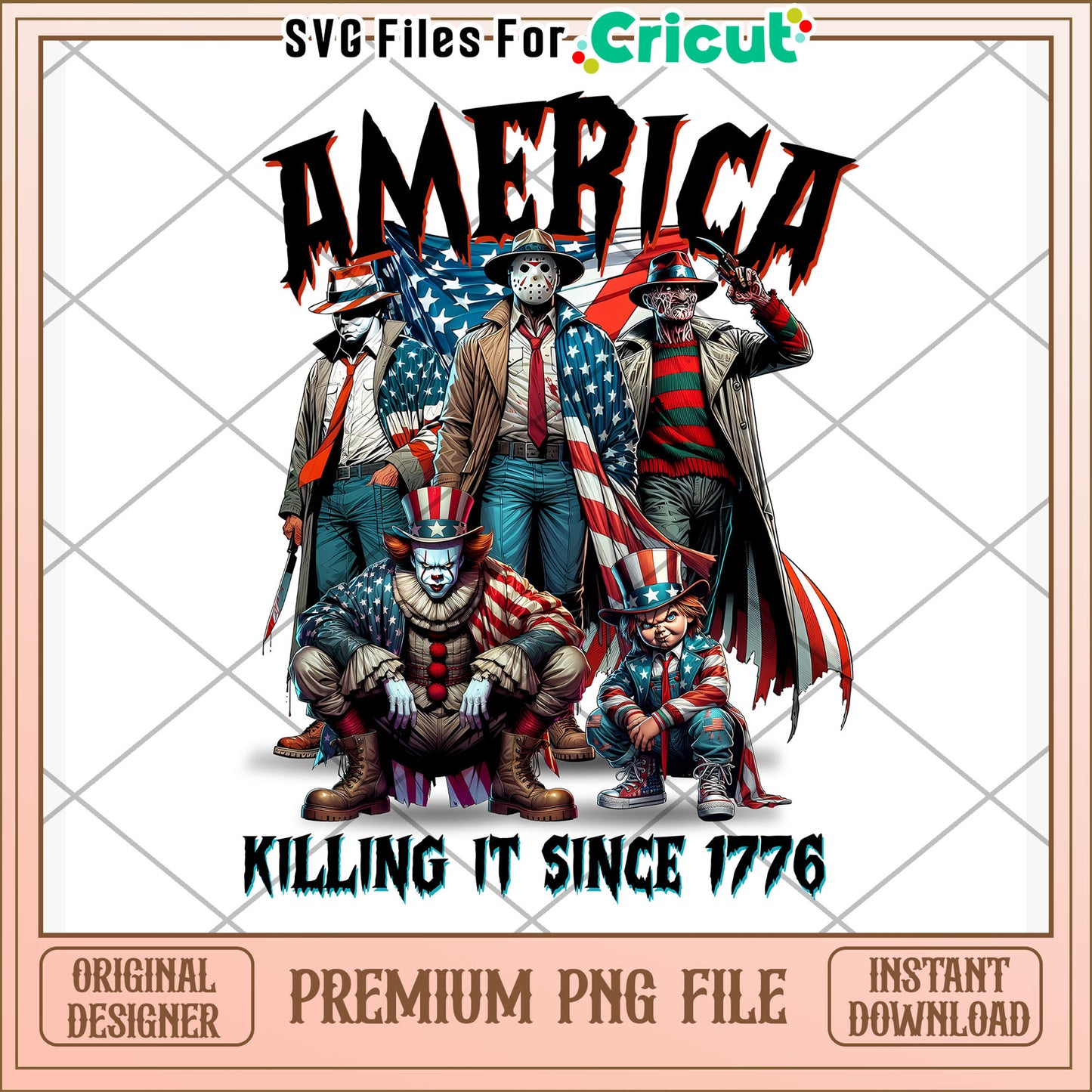 Horror characters killin it since 1776 png, 4th of july design png, patriotic theme png