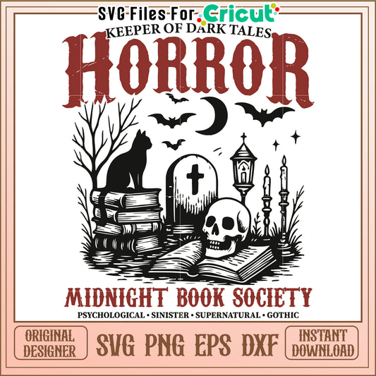 Horror midnight book society svg, spooky reading club svg, midnight horror fans svg