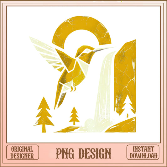 Hummingbird Waterfall Nature PNG, Geometric Bird Sunset PNG, Boho Outdoors PNG