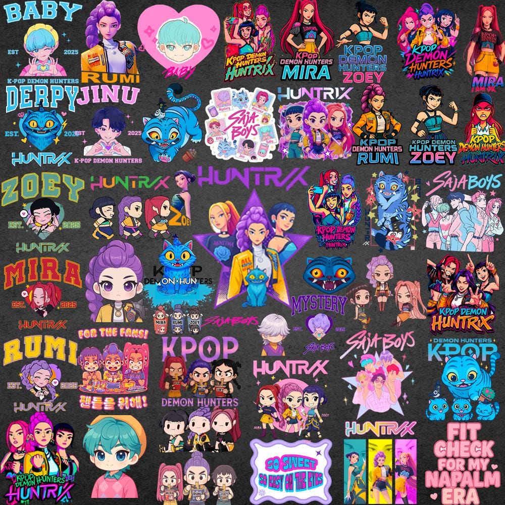 Huntrix and saja boys bundle png, cool fantasy squad design bundle png, trending manwha bundle png