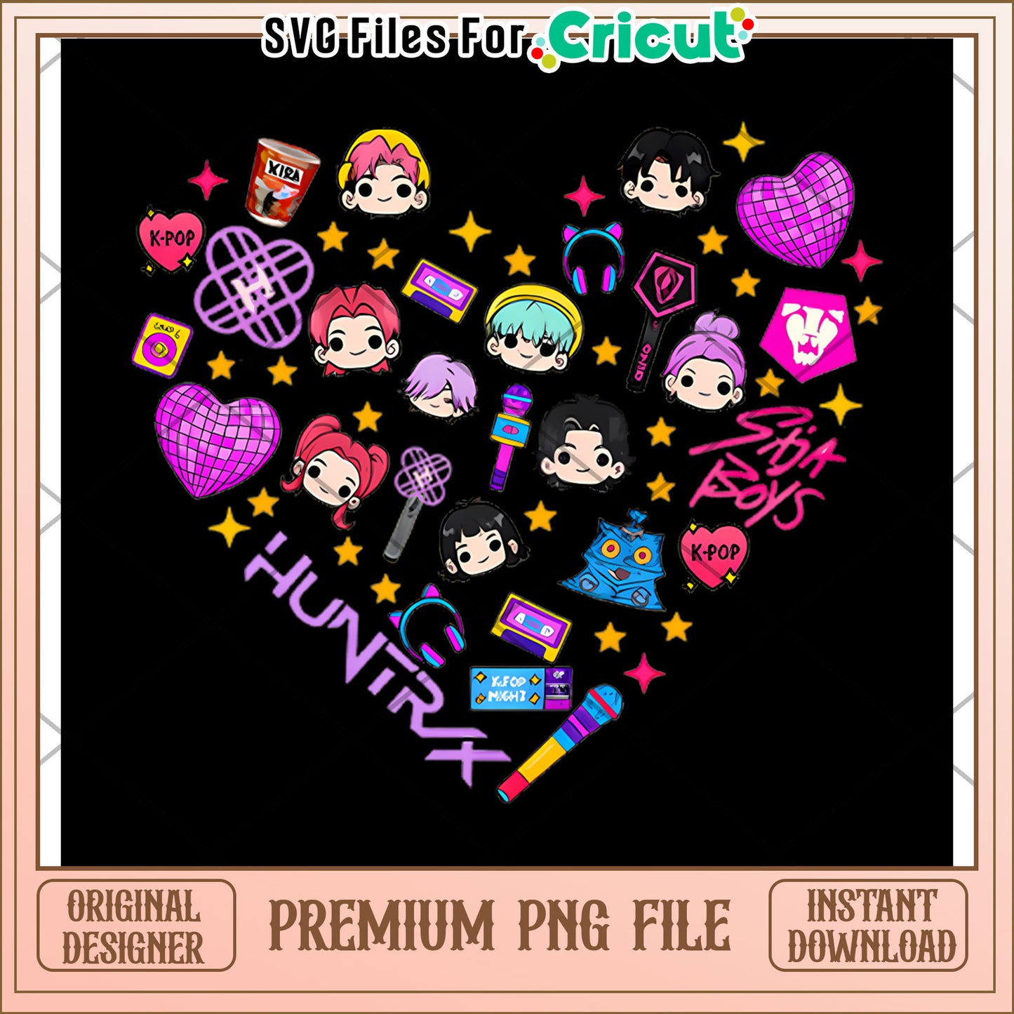 Huntrix and saja boys heart png, kpop band png, korean cartoon png