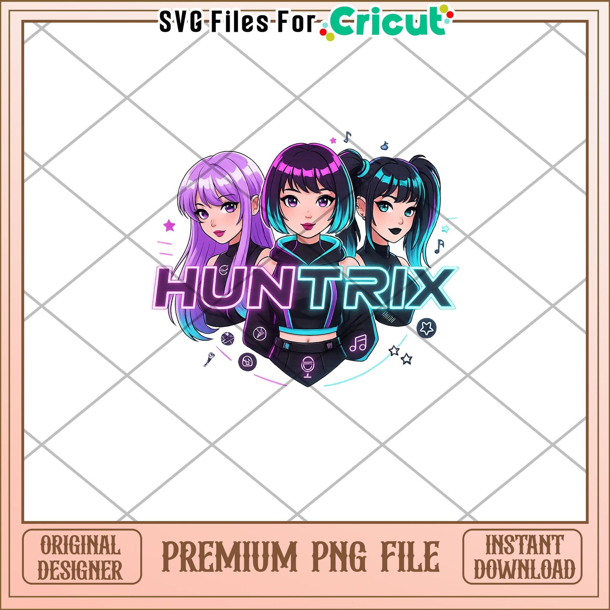 Huntrix anime logo png, huntrix members png, huntrix toys png