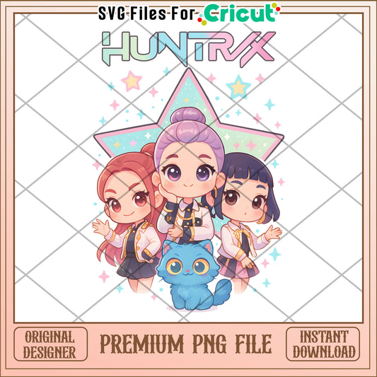 Huntrix chibi girls png, huntrix tiger png, saja boys toys png