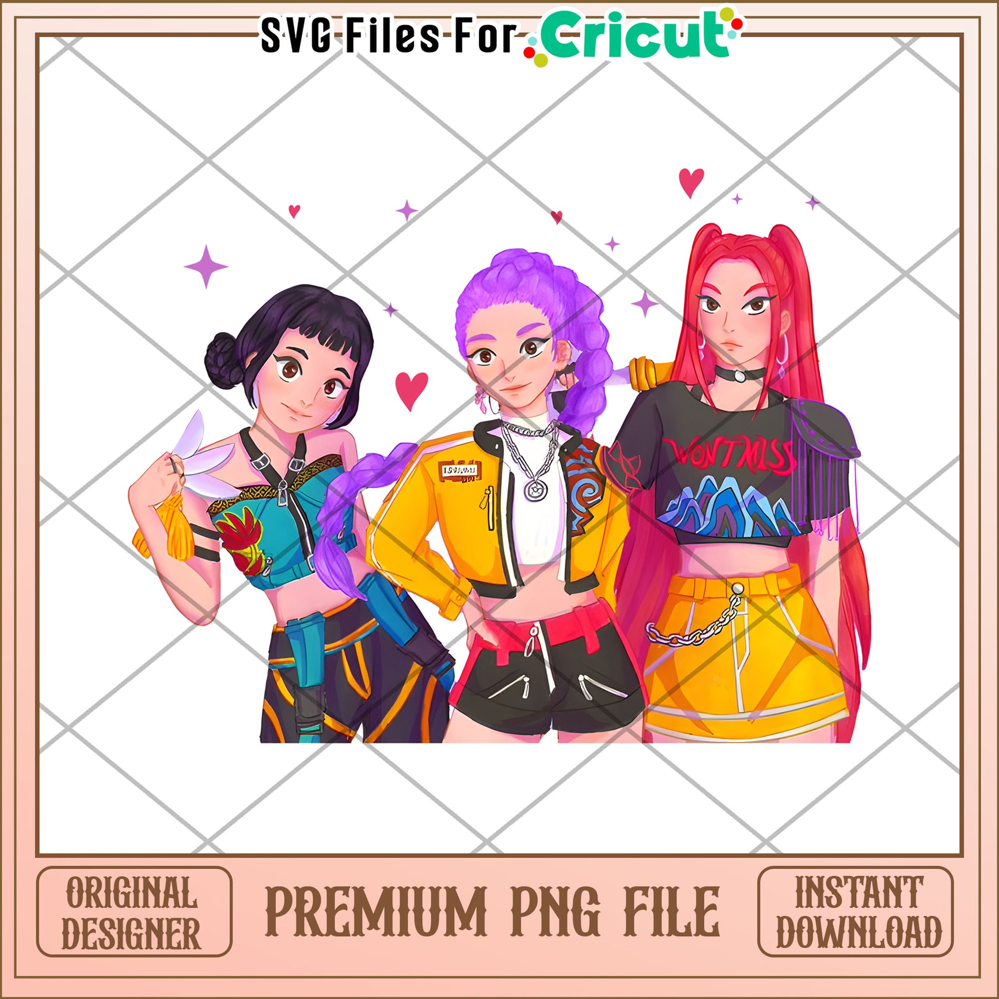 Huntrix girls design png, kpop cartoon png, saja boys png