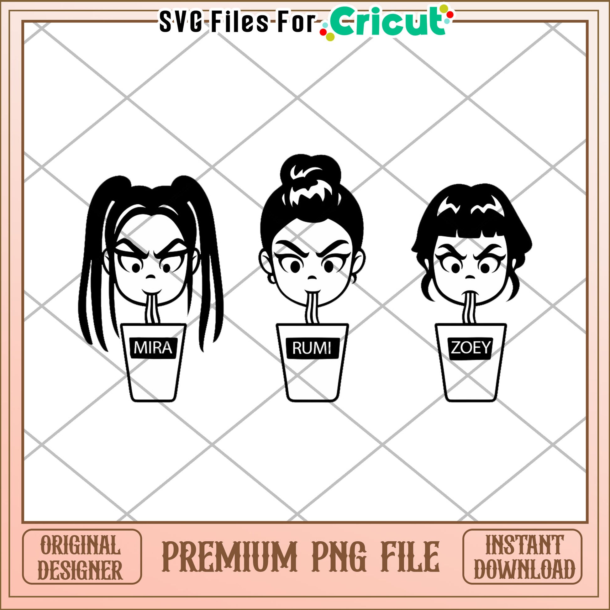 Huntrix girls eating ramyeon png, kpop cartoon png, saja boys png
