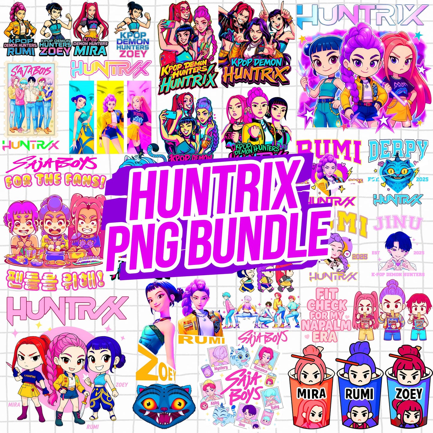Huntrix kpop logo bundle png, kpop idol bundle png, gaming character fashion bundle png