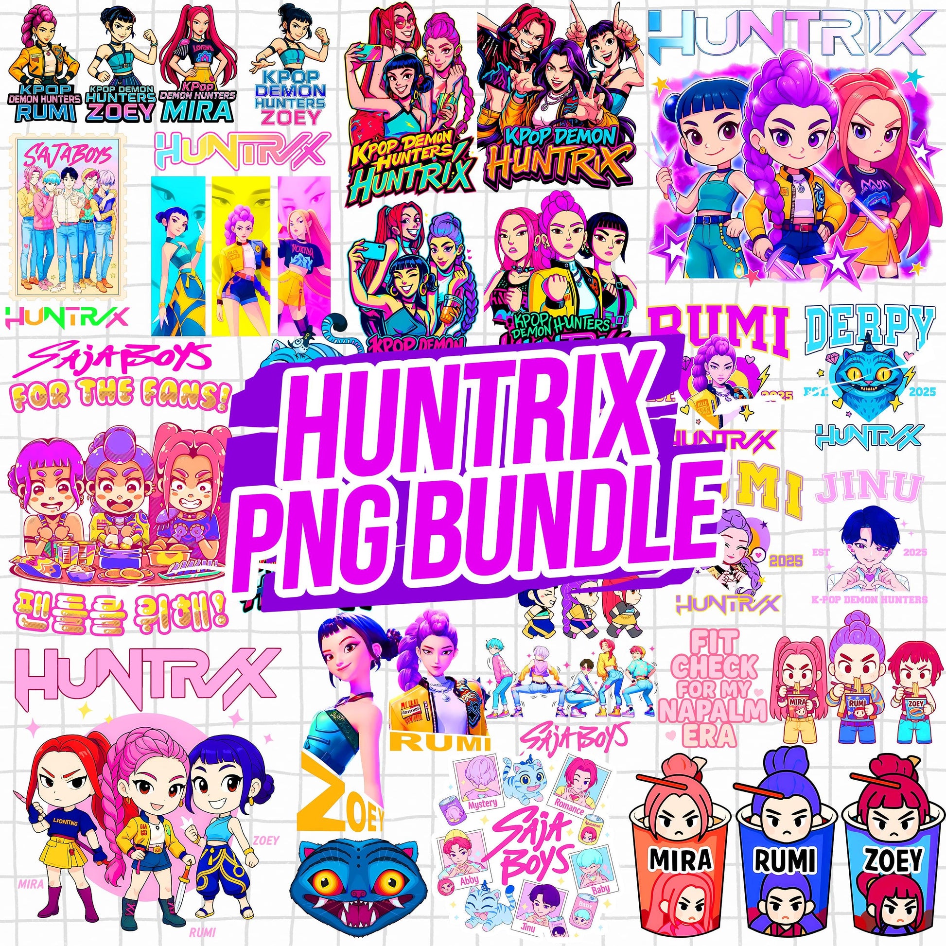 Huntrix kpop logo bundle png, kpop idol bundle png, gaming character fashion bundle png
