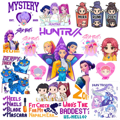 Huntrix kpop logo bundle png, kpop idol bundle png, gaming character fashion bundle png