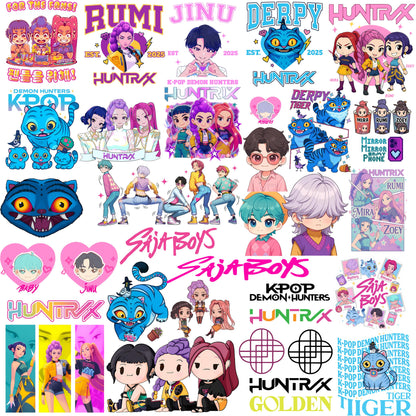 Huntrix kpop logo bundle png, kpop idol bundle png, gaming character fashion bundle png