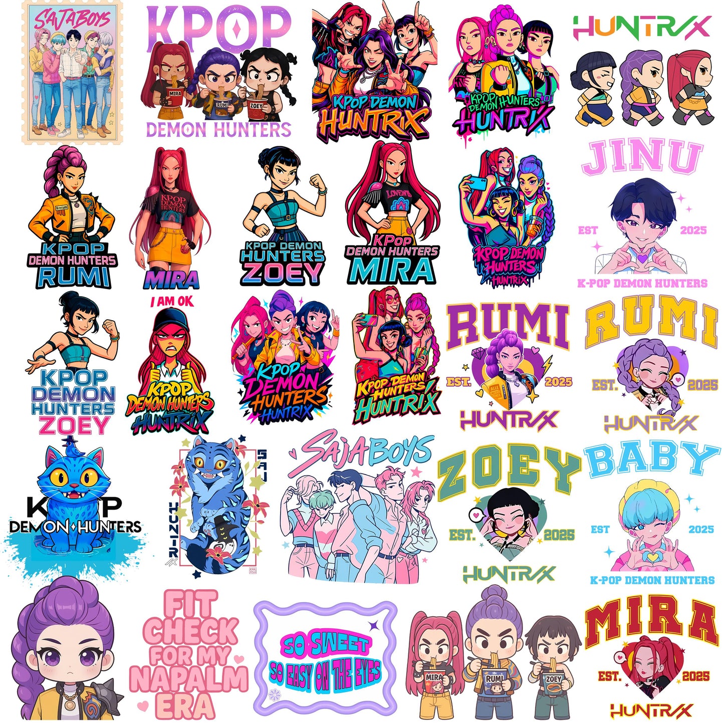 Huntrix kpop logo bundle png, kpop idol bundle png, gaming character fashion bundle png