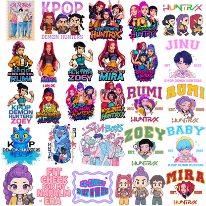 Huntrix kpop logo bundle png, kpop idol bundle png, gaming character fashion bundle png
