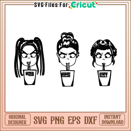 Huntrix members eating noodles svg, kpop demon hunters svg, kpop cartoon songs svg