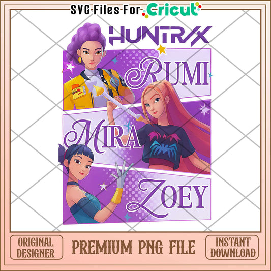 Huntrix rumi mira zoey png, cute demon slayer png, kpop girl png