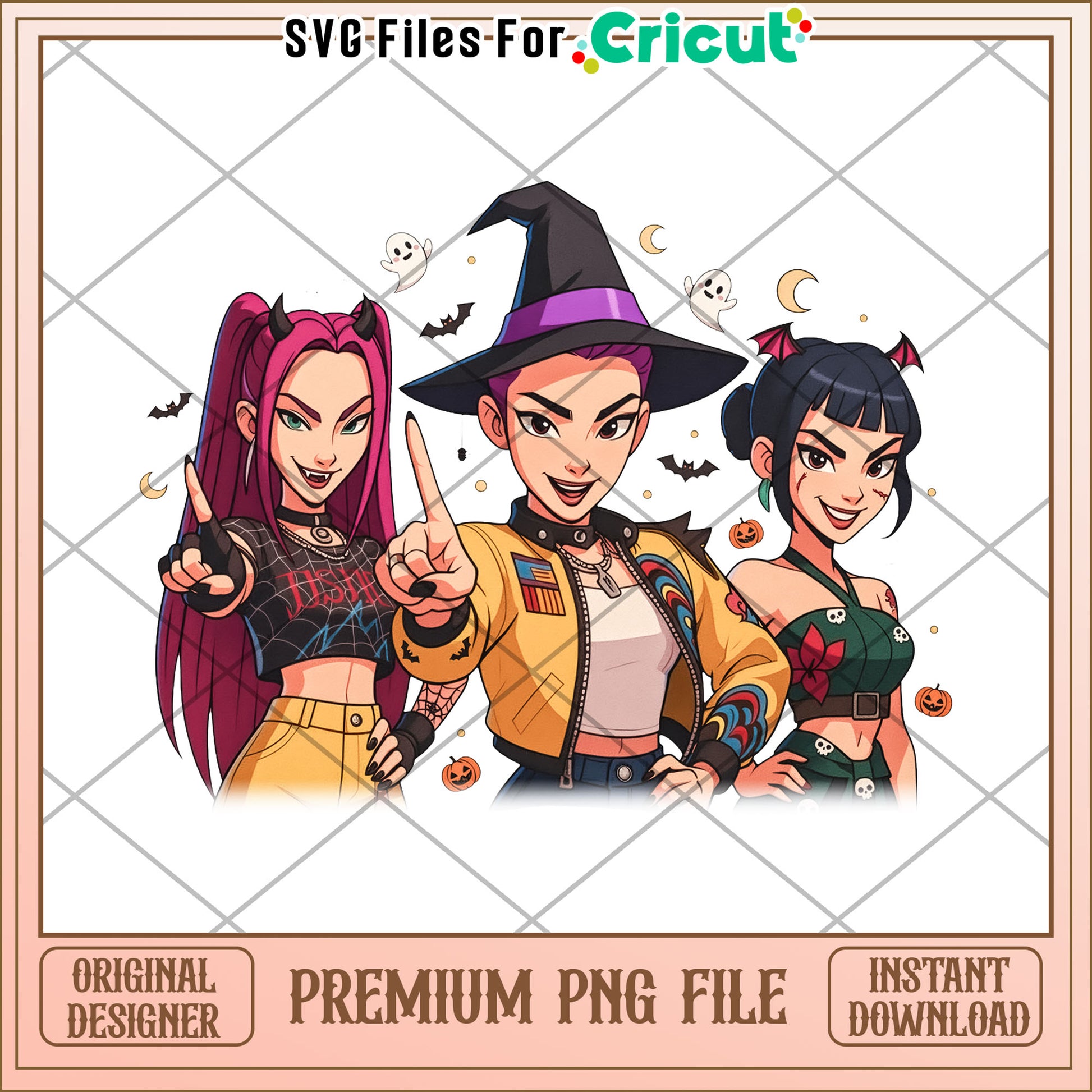 Huntrix witchy girls png, kpop cartoon png, halloween season png