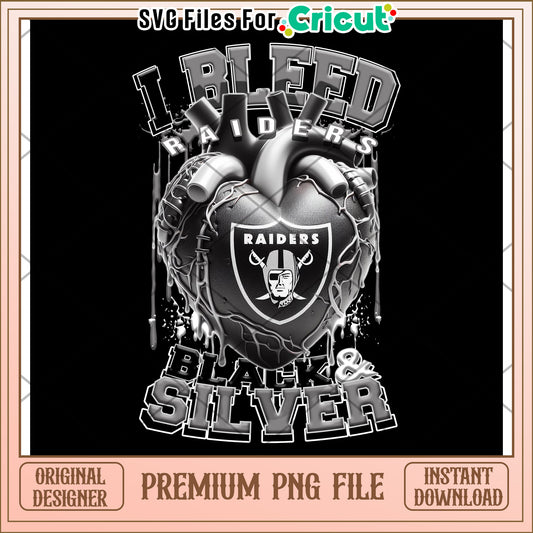 I Bleed Raiders Black and Silver PNG Design for Cricut, Instant Download