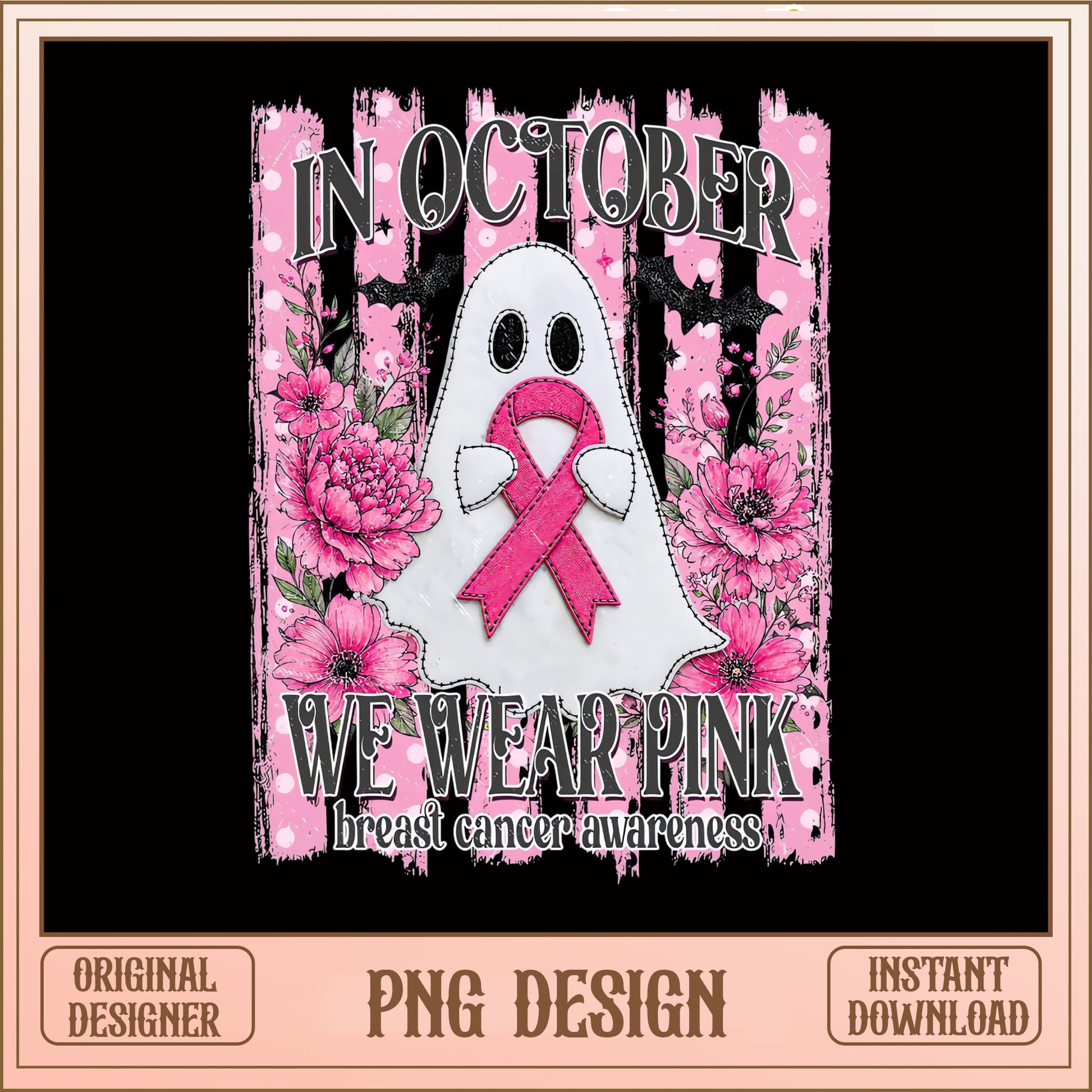 In October We Wear Pink Ghost PNG, Breast Cancer PNG, Halloween PNG