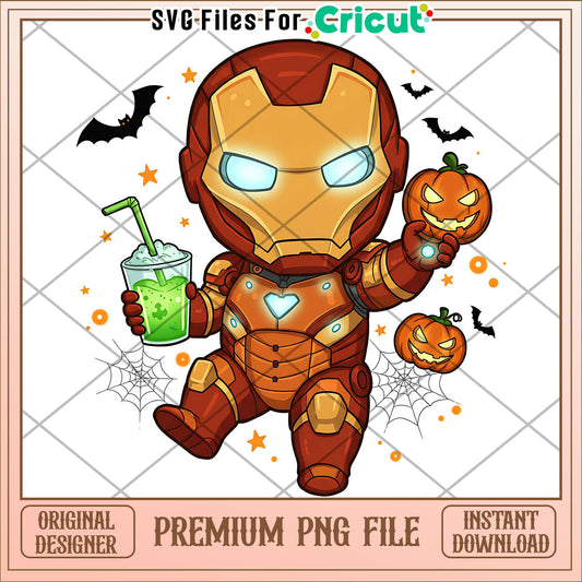 Iron man chibi design png, spooky halloween png, halloween season png
