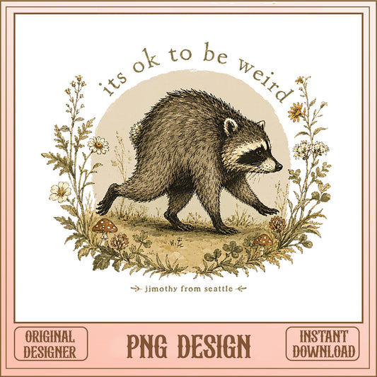 Its Ok To Be Weird Raccoon PNG, Vintage Woodland PNG, Cottagecore PNG
